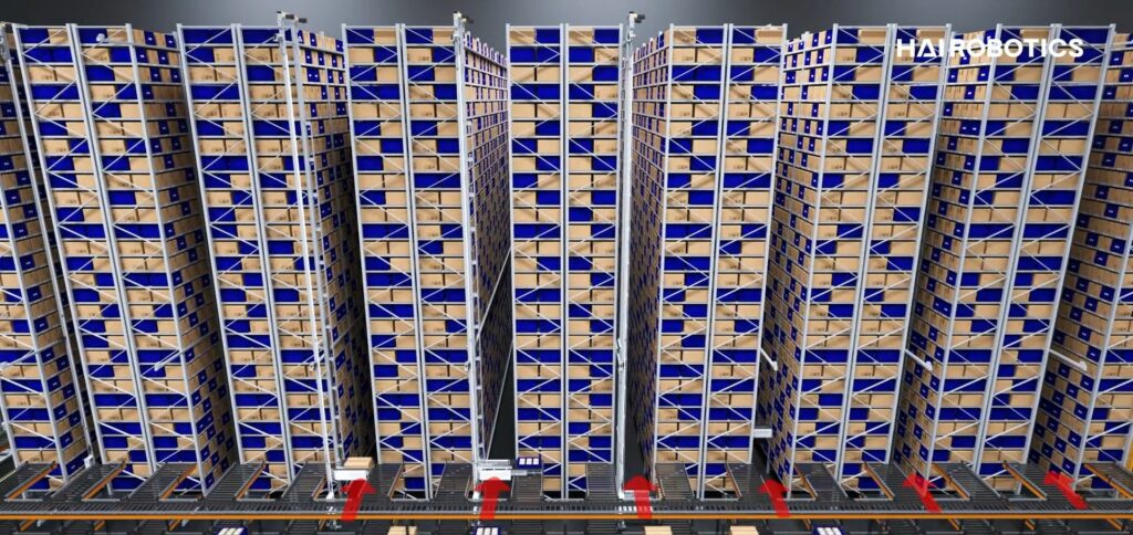 HaiPick Rail aisles of high-bay racking with robots running on rails above the floor
