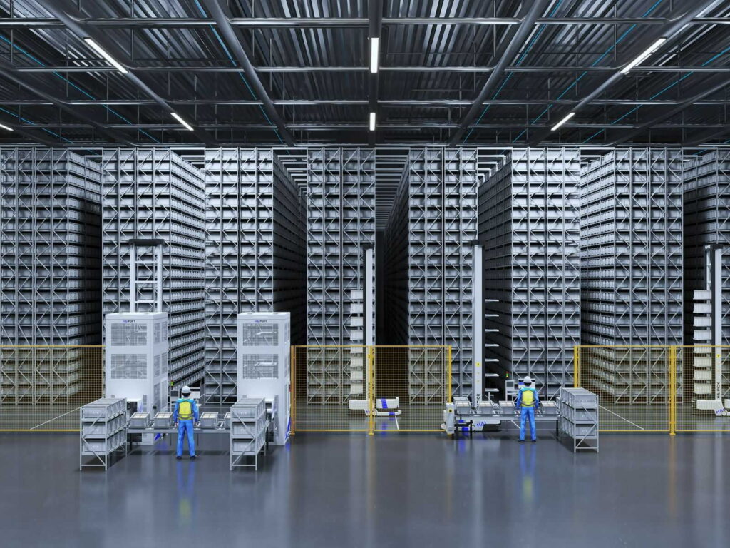A HaiPick System 1 hall, high-bay racking above a row of operator workstations